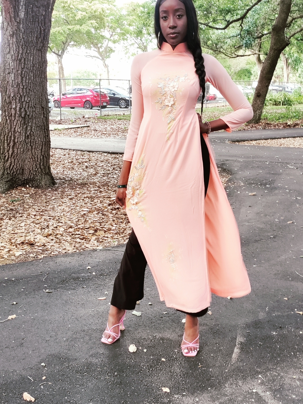 Peach Embroidered Long Sleeve Tunic Dress